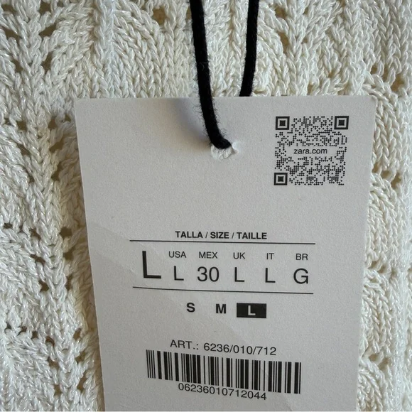 Zara Contrasting Embroidered Knit Dress Cotton Blend Tie Back NWT L Cottagecore - Picture 8 of 13